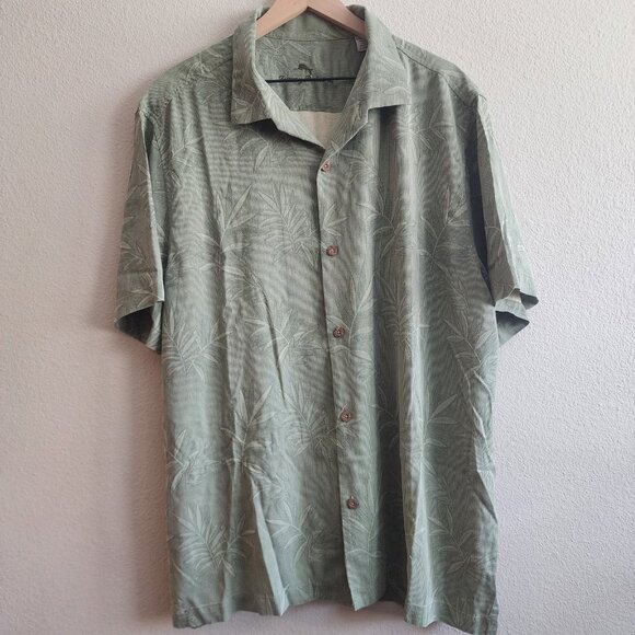 Tommy Bahama Shirt Mens 2XL Green Silk Palm Leaf Jacquard Button Up Camp TB93